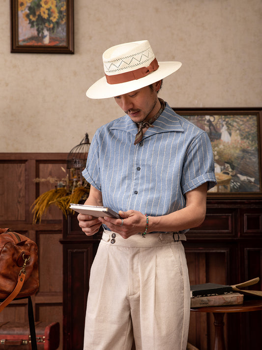 Men's Italian Naples striped short-sleeved shirt Swallow collar business formal cotton and linen short-sleeved shirt