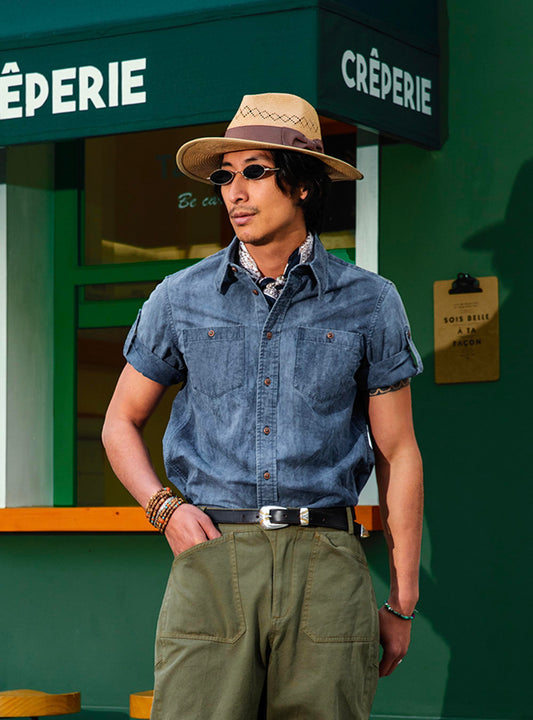 Oxford short-sleeved shirt for men British retro style casual cotton mid-length sleeve shirt