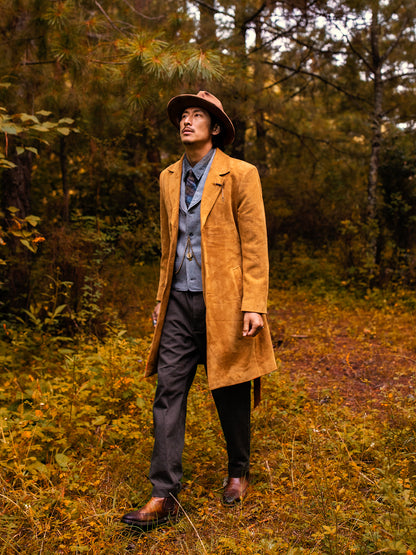 Retro British style deerskin suit coat for men Autumn and winter yuppie below the knee mid-length suede trench coat