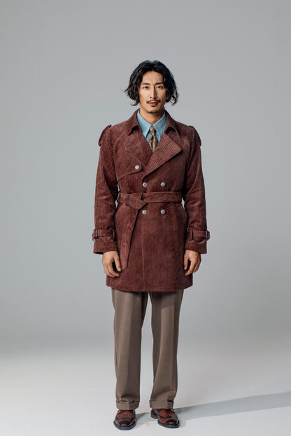 British style retro mid-length coat for men Winter corduroy casual loose trench coat