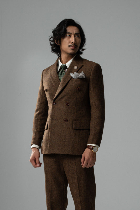 British retro style double-breasted suit for men wool herringbone pattern business casual slim-fit suit jacket