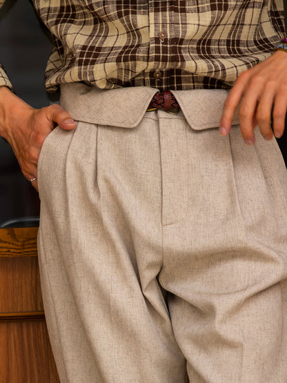 British style retro linen 9-point trousers for men ruffled and handsome casual straight 9-point high waist suit trousers