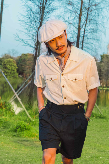 Retro American style workwear Cuban collar shirt men's double pocket casual drape neutral simple short-sleeved shirt