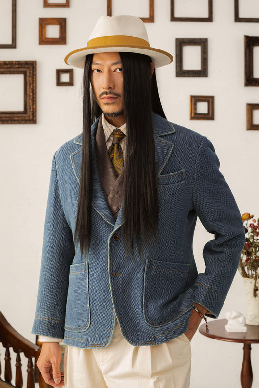 Waffle American retro denim suit jacket for men High-end casual slim-fit single suit