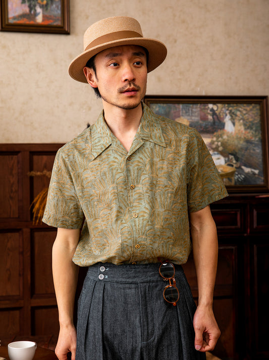 Men's Retro Style Yuppie Cuban Collar Shirt Vintage Baroque Print Short-sleeved Shirt