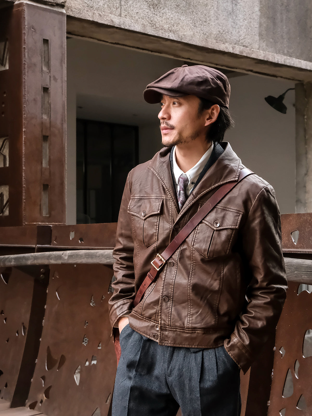 American retro style leather jacket for men Ami Khaki one piece collar workwear motorcycle jacket