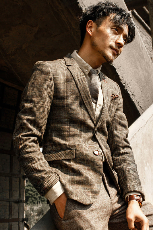British style retro houndstooth men's suits autumn and winter handsome suits casual plaid suit jacket wedding dress