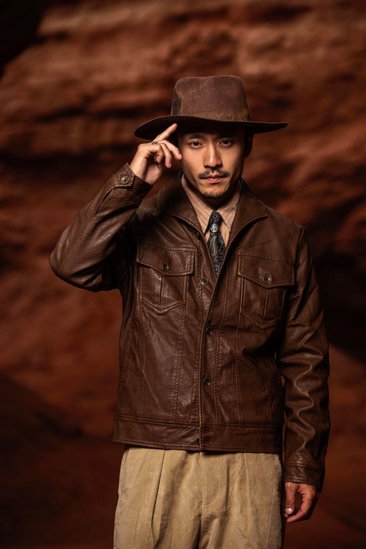 American retro style leather jacket for men Ami Khaki one piece collar workwear motorcycle jacket
