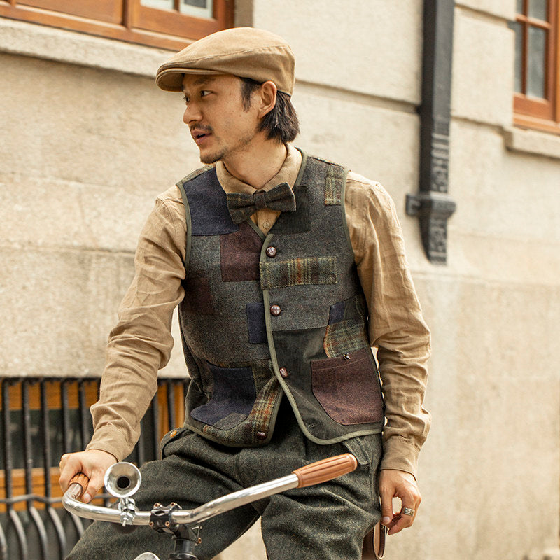 SOARIN Regular Fit Vintage Patchwork Multi-Blend Tweed Vest Waistcoat