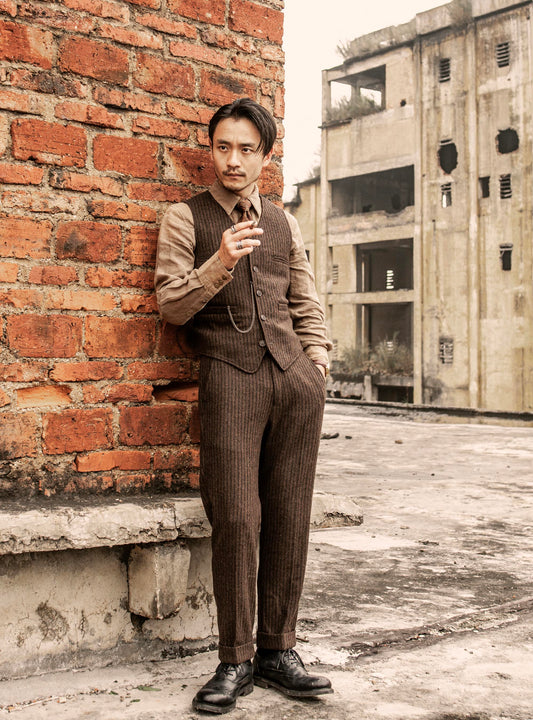 British retro wool trousers for men, vintage striped tweed casual straight-leg nine-point trousers