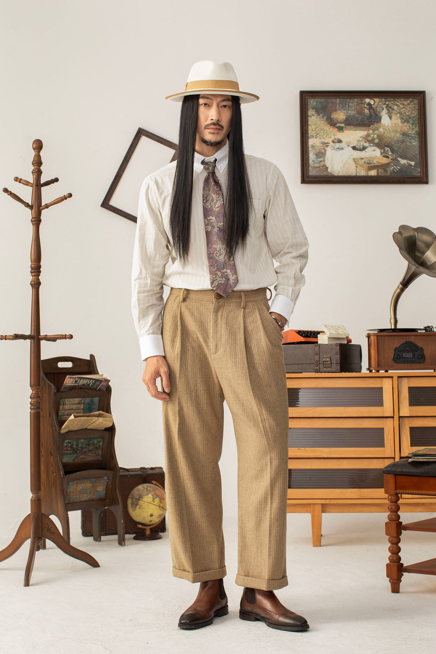 British retro style wool straight suit pants men's autumn and winter high-end business casual plaid trousers