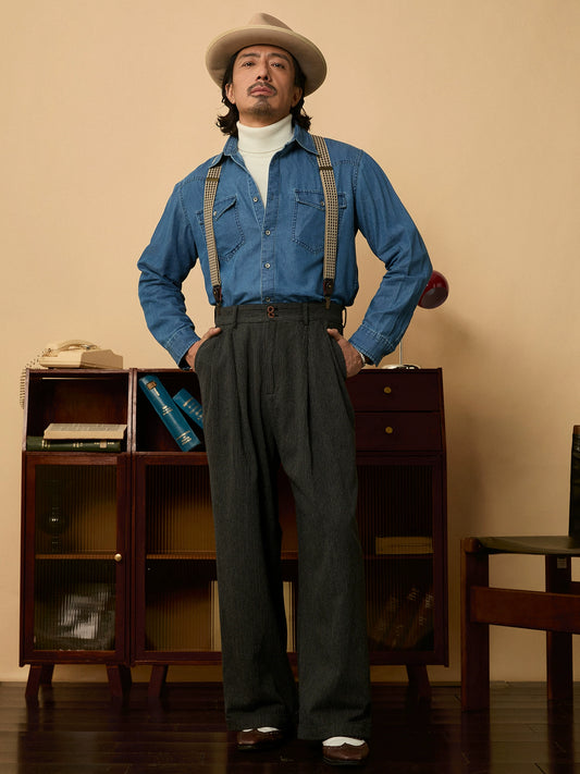 SOARIN美式复古工装牛仔衬衫男阿美咔叽秋冬重磅休闲长袖衬衣外套