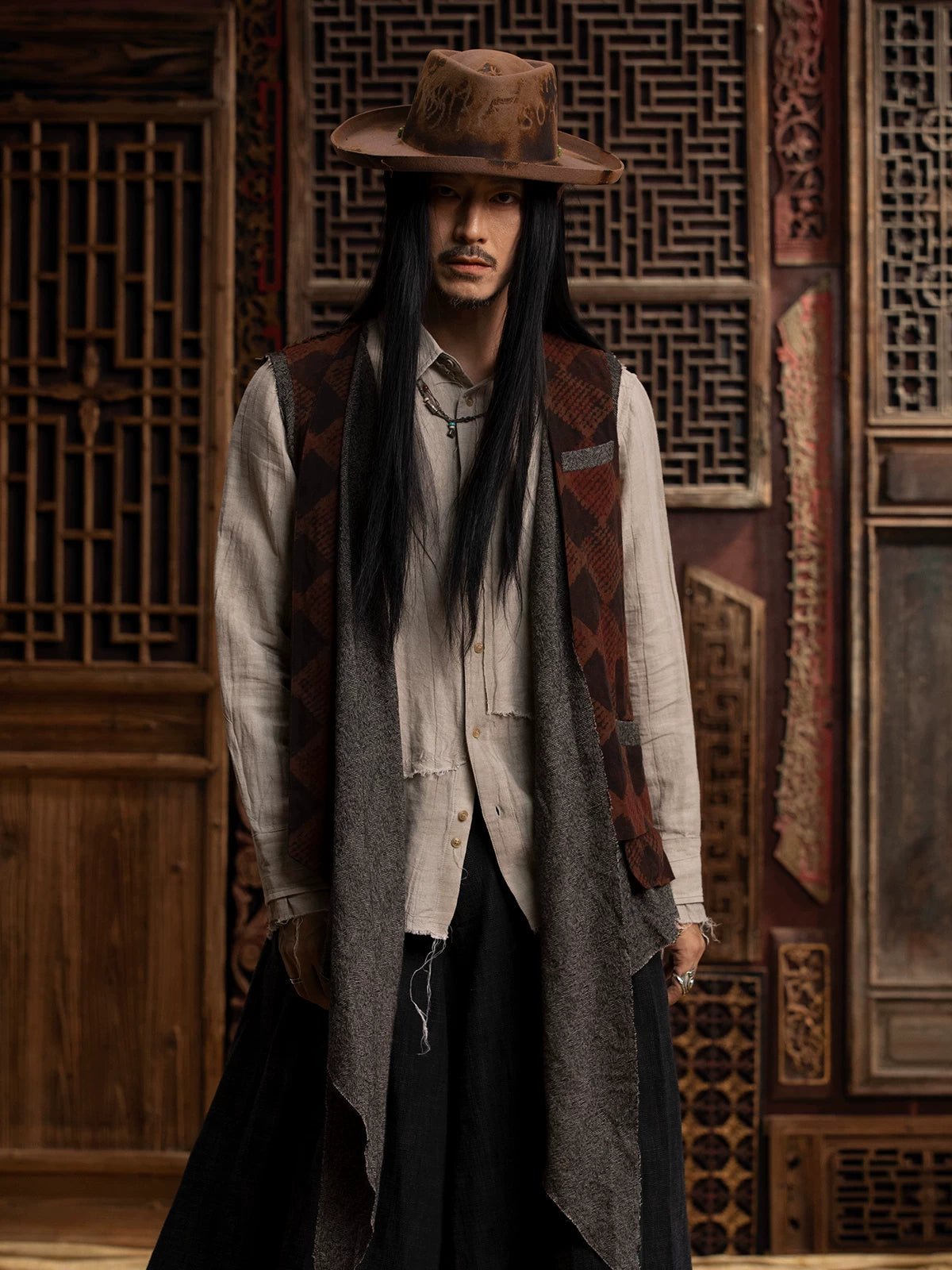 SOARIN WORLD Gai Yu Xia Series Loose Fit Plaid Wool Fake Two Piece Vest Waistcoat DCZ243TB88