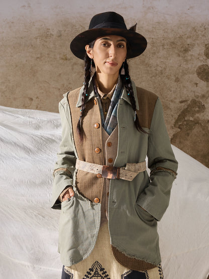 SOARIN【解构设计】独立复古拼接西装外套男不规则毛边长款单西服