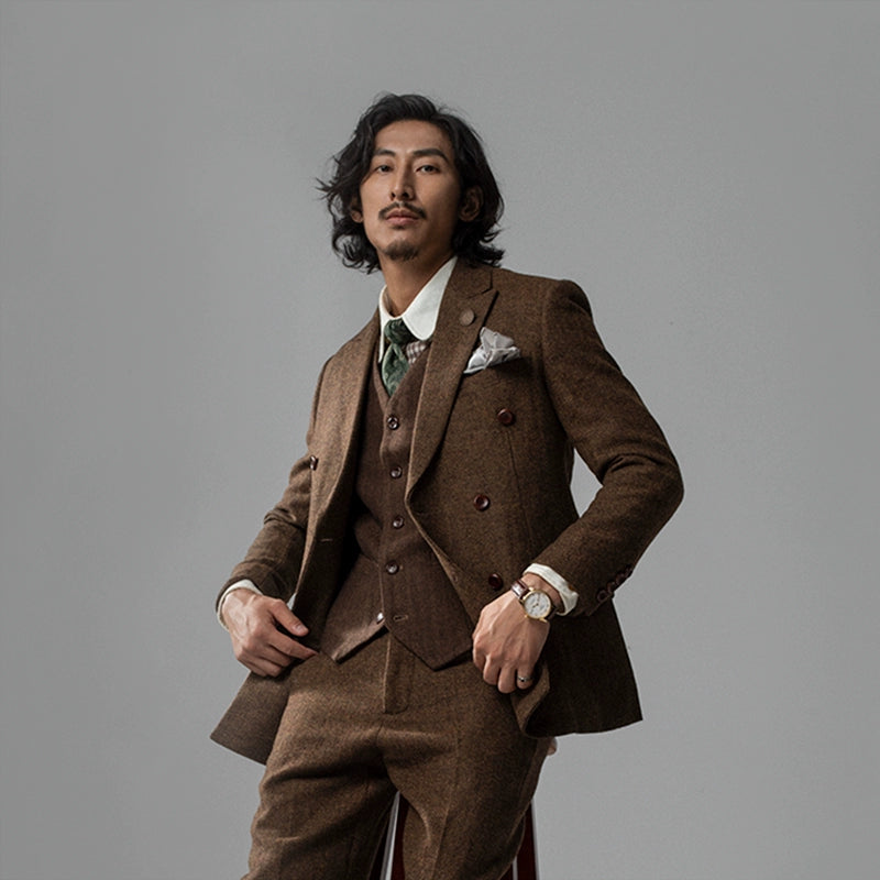 SOARIN英伦复古双排扣西服男 羊毛呢人字纹商务休闲修身西装外套