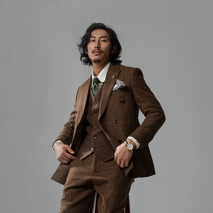 SOARIN英伦复古双排扣西服男 羊毛呢人字纹商务休闲修身西装外套