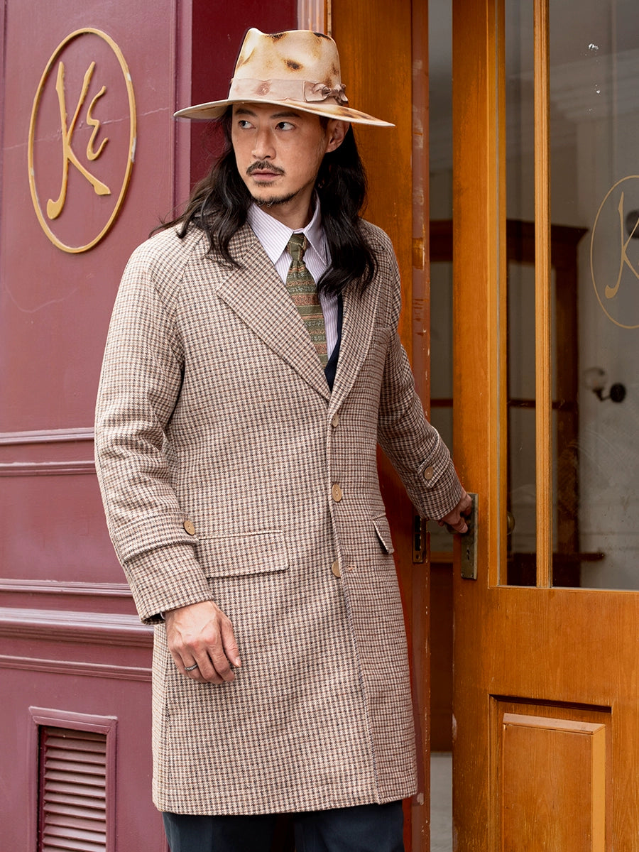 SOARIN英伦风复古千鸟格大衣外套男 秋冬格子羊毛呢子中长款风衣