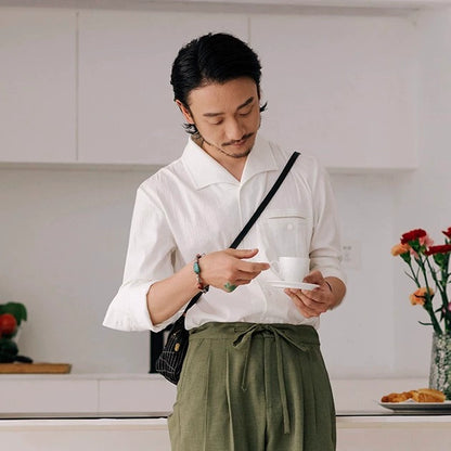 SOARIN意式那不勒斯衬衫男 松弛高级感一片领瀑布袖条纹长袖衬衣