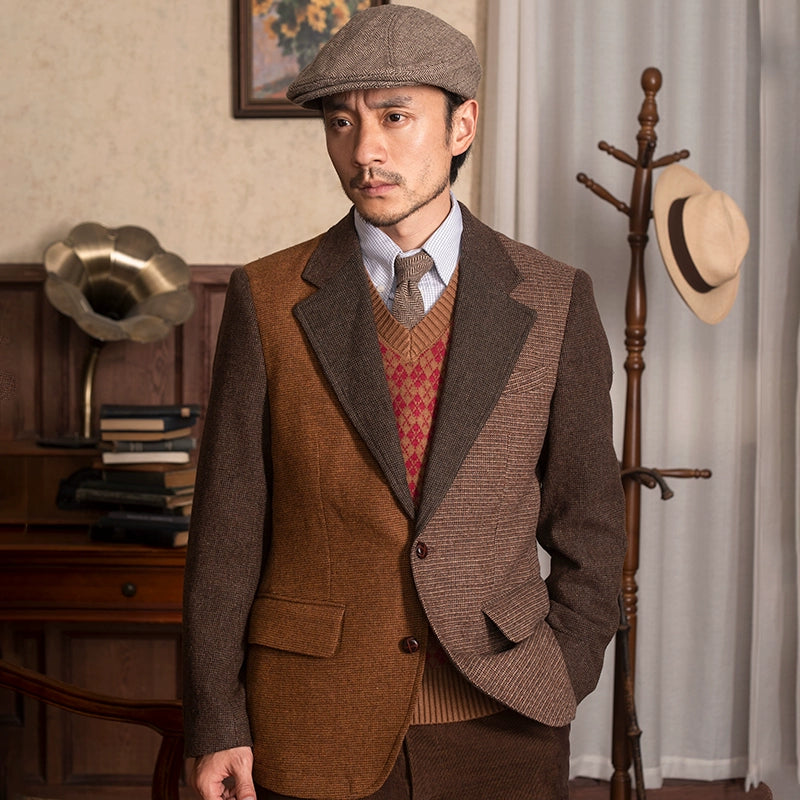 SOARIN英伦风复古拼接西装外套男 冬季商务休闲修身羊毛呢单西服