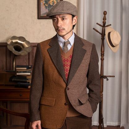 SOARIN英伦风复古拼接西装外套男 冬季商务休闲修身羊毛呢单西服