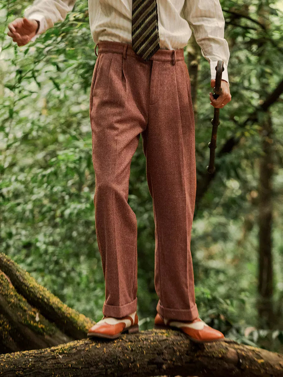 SOARIN Retro Casual Straight Fit Herringbone Woolen Trousers JITZ2432F199
