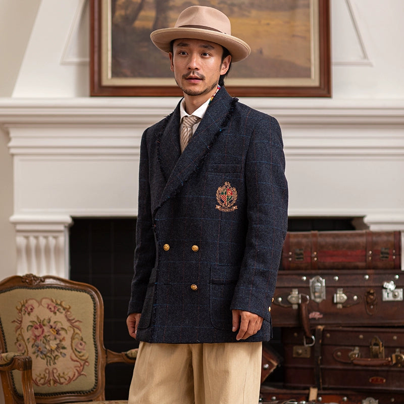 SOARIN复古经典常青藤格子西装外套男 双排扣徽章校园风羊毛西服