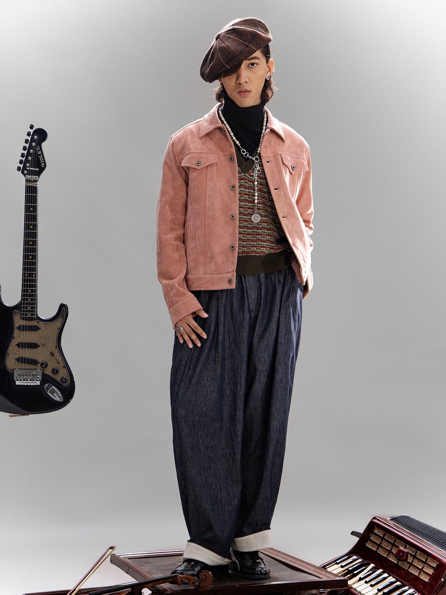 SOARIN美式工装鹿皮绒夹克男阿美咔叽机车服短款复古牛仔外套