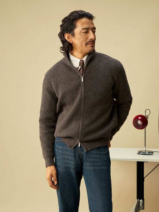 SOARIN复古老钱风拉链半高领毛衣外套男 厚款 罗纹针织毛线衣夹克