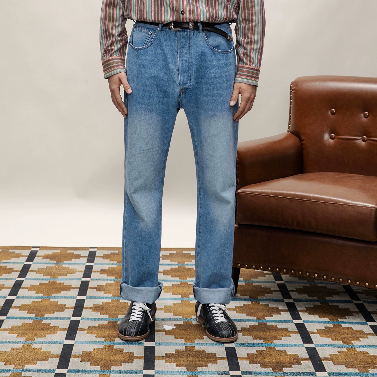 SOARIN美式复古泛白水洗蓝牛仔裤男 秋冬直筒宽松休闲工装长裤