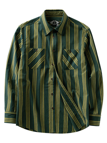SOARIN美式工装绿条纹长袖衬衫男 慵懒风双口袋休闲宽松棉麻衬衣