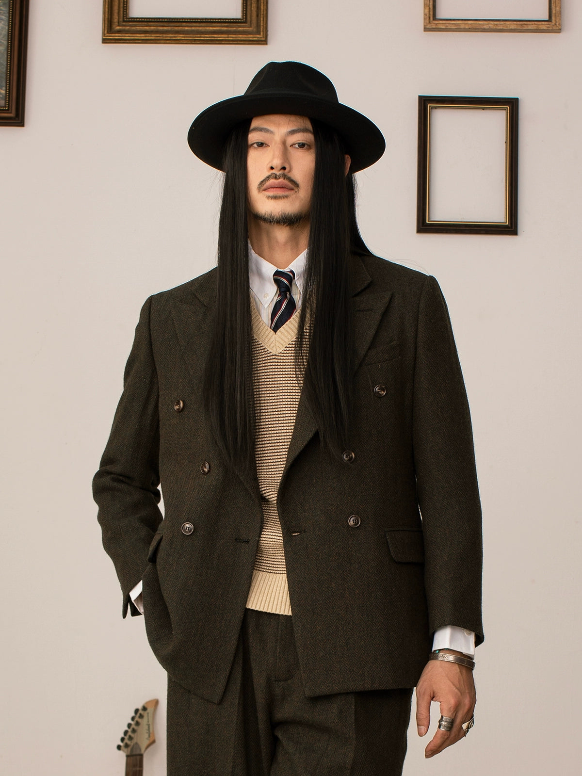 SOARIN英伦复古双排扣西装外套男戗驳领人字纹毛呢商务休闲单西服