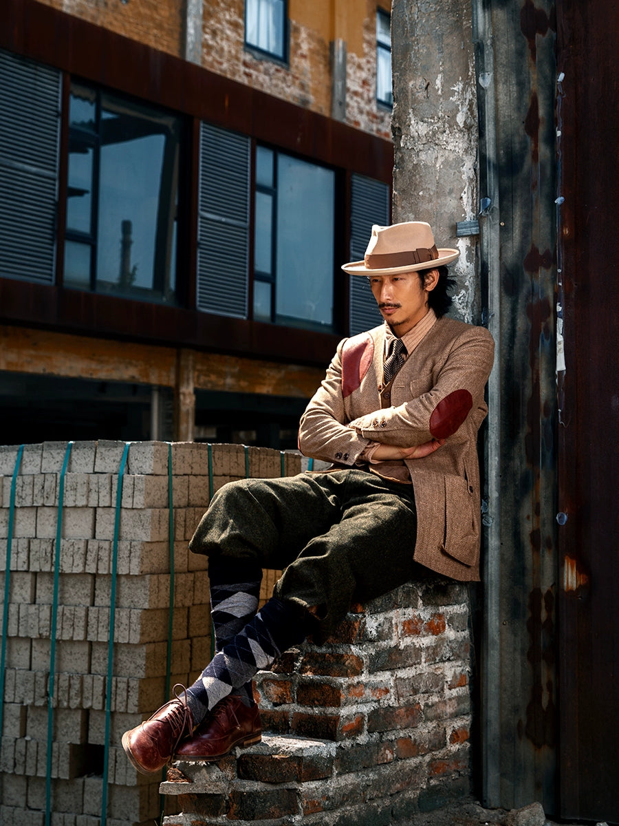 SOARIN英伦风复古人字纹毛呢夹克男 Vintage古着感拼接多口袋外套