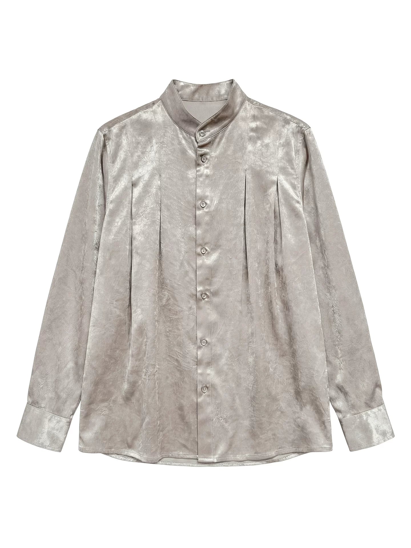 SOARIN Elegant Vintage Loose Fit Acetate Silk Luster Pleated Stand Collar Shirt  PNZ262TC471