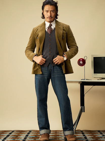 SOARIN英伦风复古灯芯绒西装外套男 老钱风双排扣条纹商务单西服