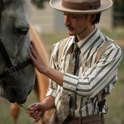SOARIN英伦雅痞粗条纹蓝色长袖衬衫男高级感痞帅休闲纯棉西装衬衣