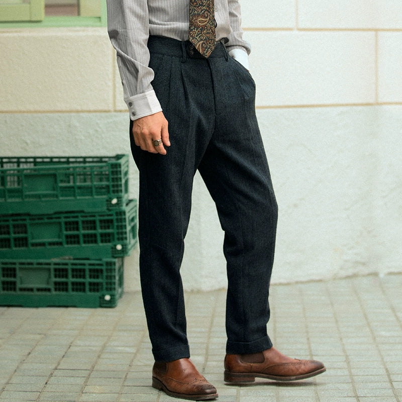 SOARIN英伦复古小脚西装裤男 粗花呢那不勒斯修身痞帅锥形九分裤