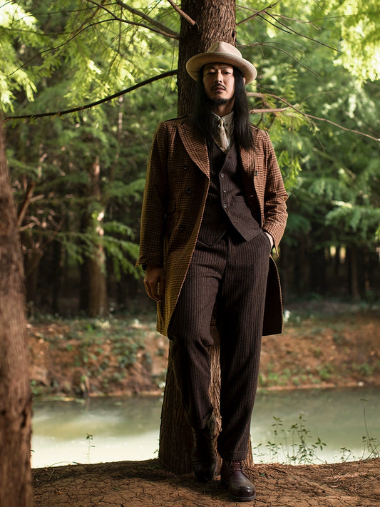 SOARIN英伦风复古格子双排扣大衣外套男 冬季中长款呢子马球风衣