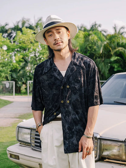 SOARIN Vintage Jacquard Paisley Double-Breasted Cuban Collar Short Sleeve Shirt JITZ2426C244
