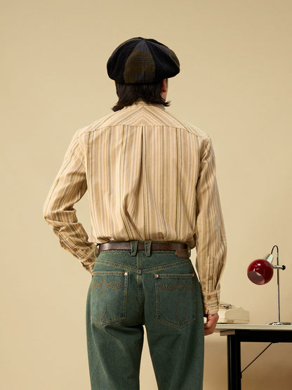 SOARIN英伦风复古纯棉条纹长袖衬衫男高级感商务休闲修身西装衬衣