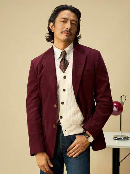 SOARIN意式复古灯芯绒西装外套男冬季保暖条绒商务休闲酒红色西服