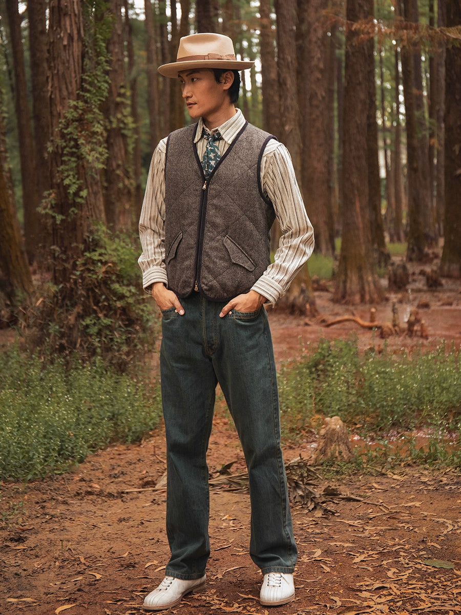 SOARIN英伦风复古菱形格羊毛西装马甲男 冬季人字纹棉服马夹背心