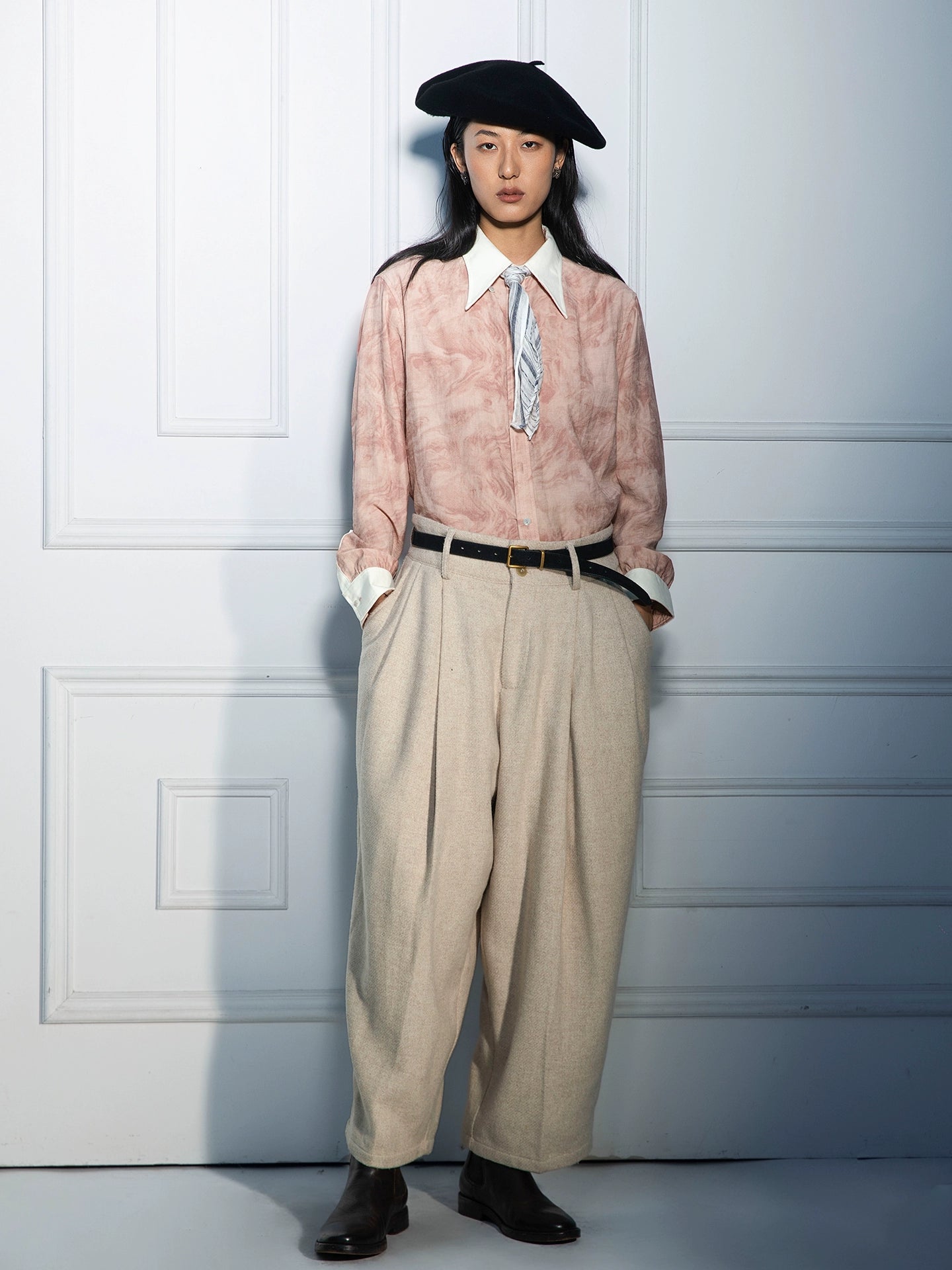 SOARIN 赫本风法式长尖领衬衫男 cleanfit中性风痞帅拼接长袖衬衣