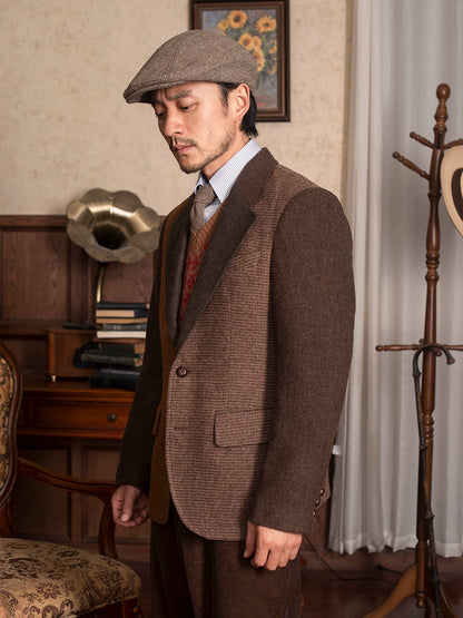 SOARIN英伦风复古拼接西装外套男 冬季商务休闲修身羊毛呢单西服