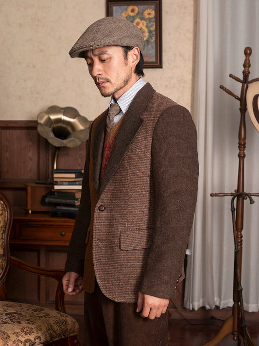 SOARIN英伦风复古拼接西装外套男 冬季商务休闲修身羊毛呢单西服