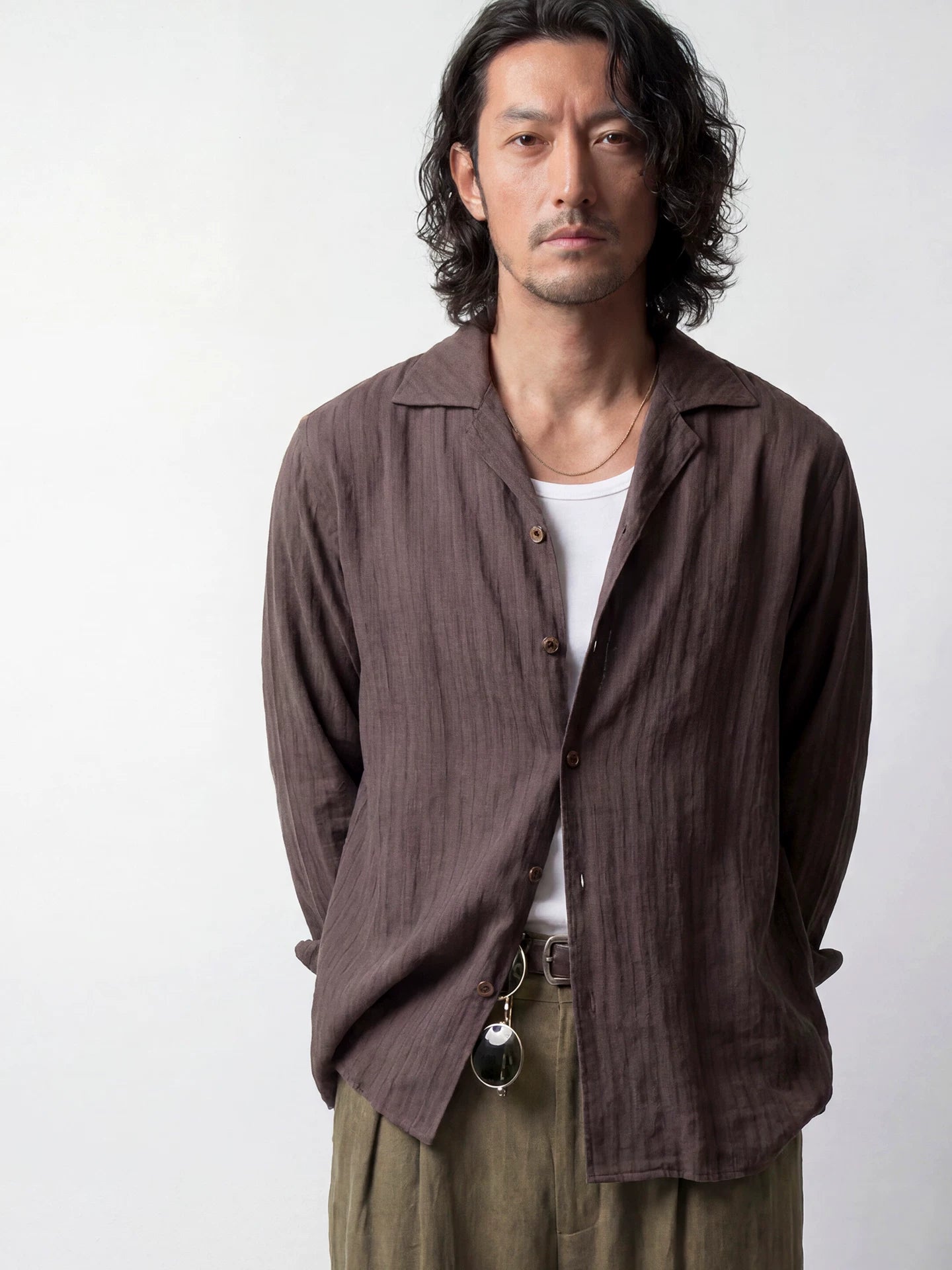 SOARIN Resort Vintage Loose Fit Lyocell Linen Blend Stripe Long Sleeve Shirt  LM262C39