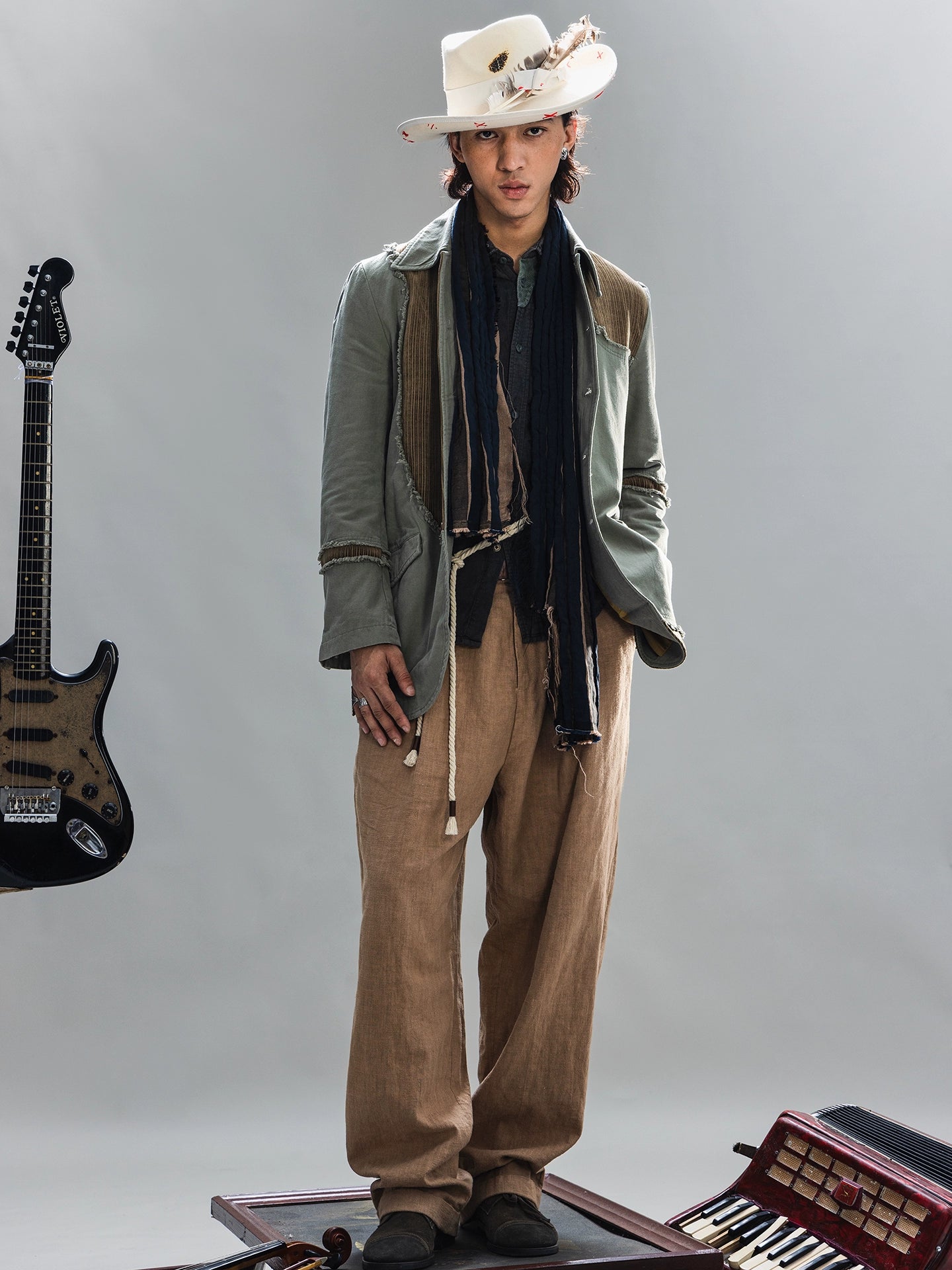 SOARIN【解构设计】独立复古拼接西装外套男不规则毛边长款单西服