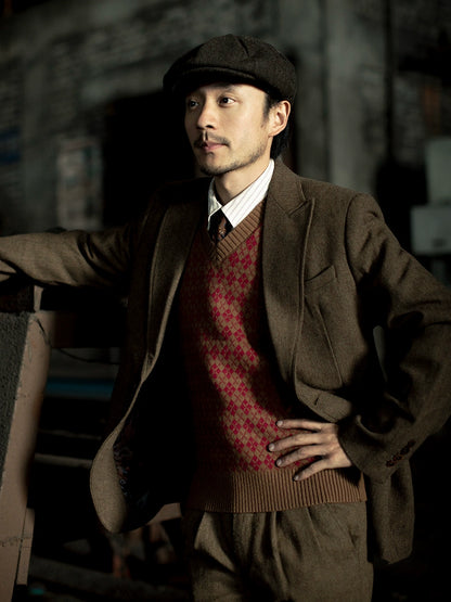 SOARIN英伦复古粗花呢西装外套男 冬季人字纹毛呢商务休闲单西服