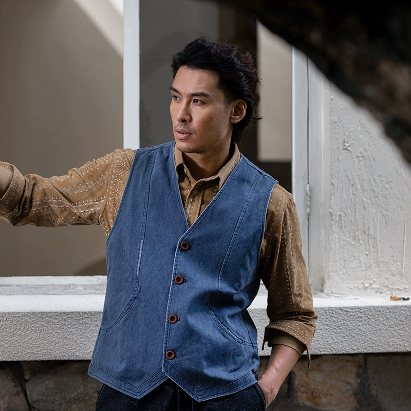 SOARIN美式复古水洗牛仔马甲男 阿美咔叽休闲修身工装马夹背心潮