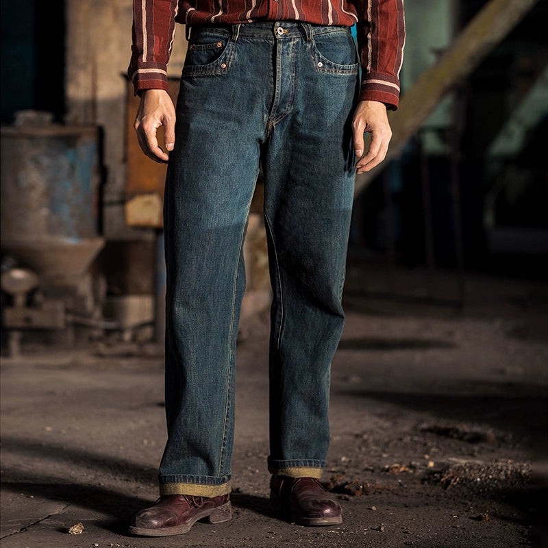 SOARIN复古美式牛仔裤男 阿美咔叽做旧感水洗赤耳丹宁直筒工装裤