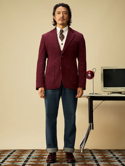 SOARIN意式复古灯芯绒西装外套男冬季保暖条绒商务休闲酒红色西服